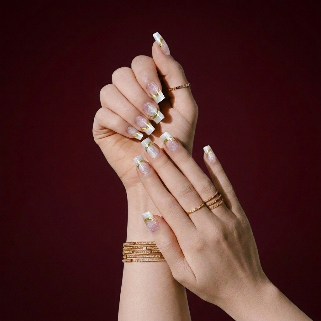Nail art personalizada com traços dourados